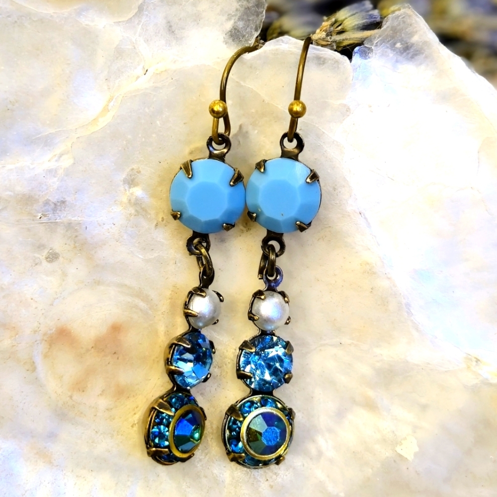 Turquoise Flower Crystals Swarovski Elements In Handmade Artisan Brass Earrings
